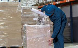 Arbeiter stretcht Ladegut in Zill Verpackungsstretchfolie ein