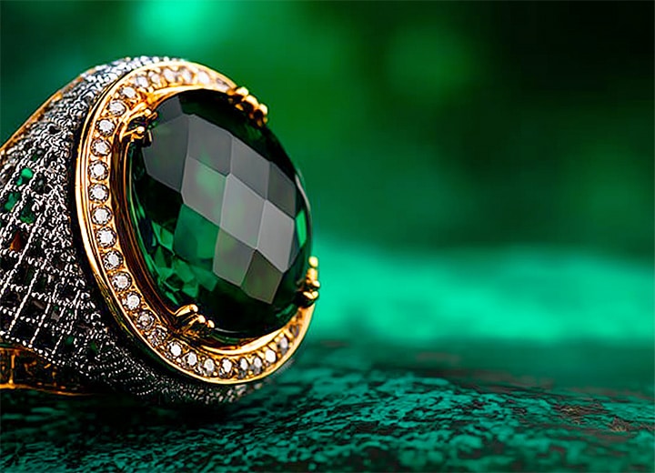 Edelsteinbesetzter Ring aus Gold und Silber mit einem großen Smaragd als zentraler Fokus